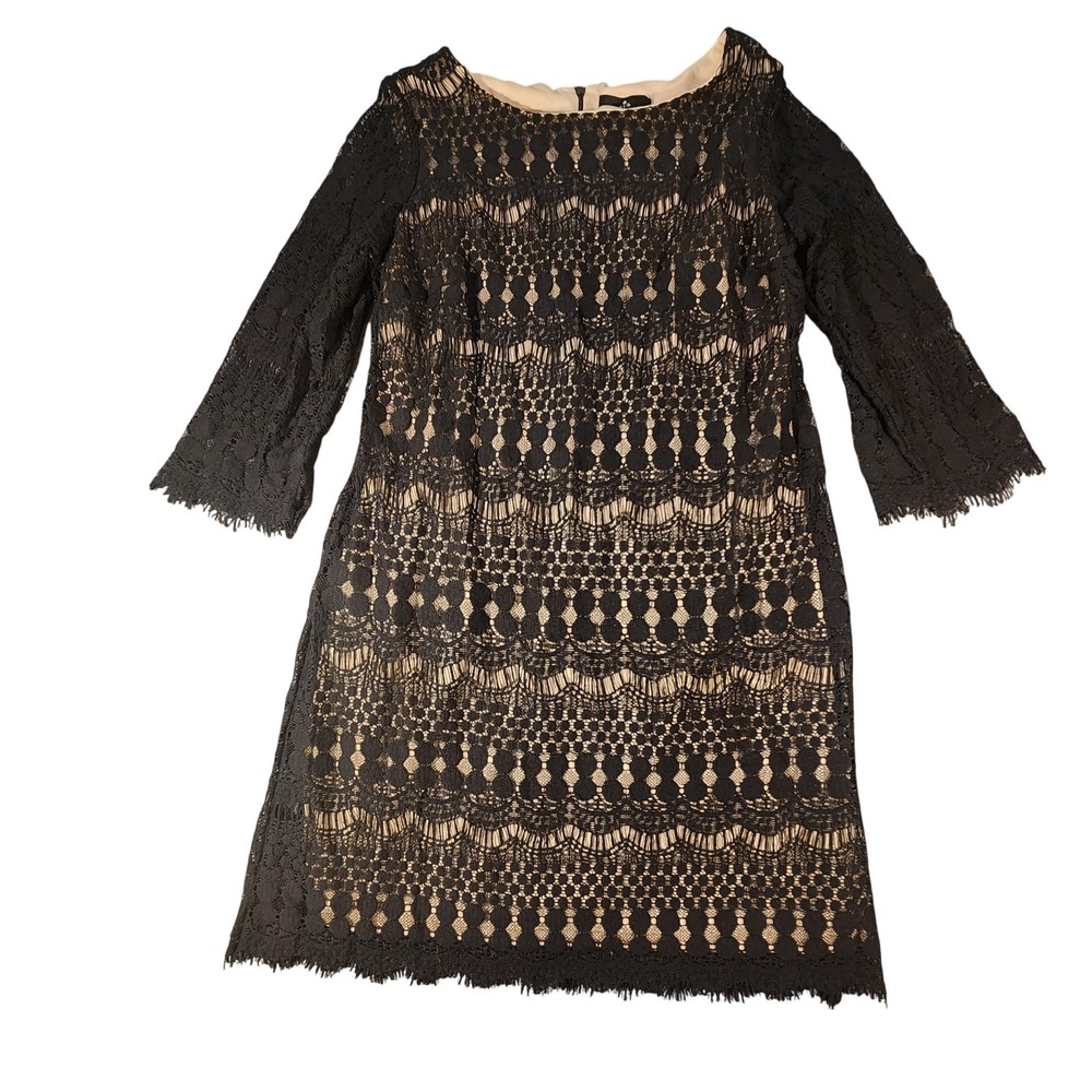 Ronni Nicole Dress Womens 10 Black Nude Lace Sheath 3/4 Sleeve Cocktail Party